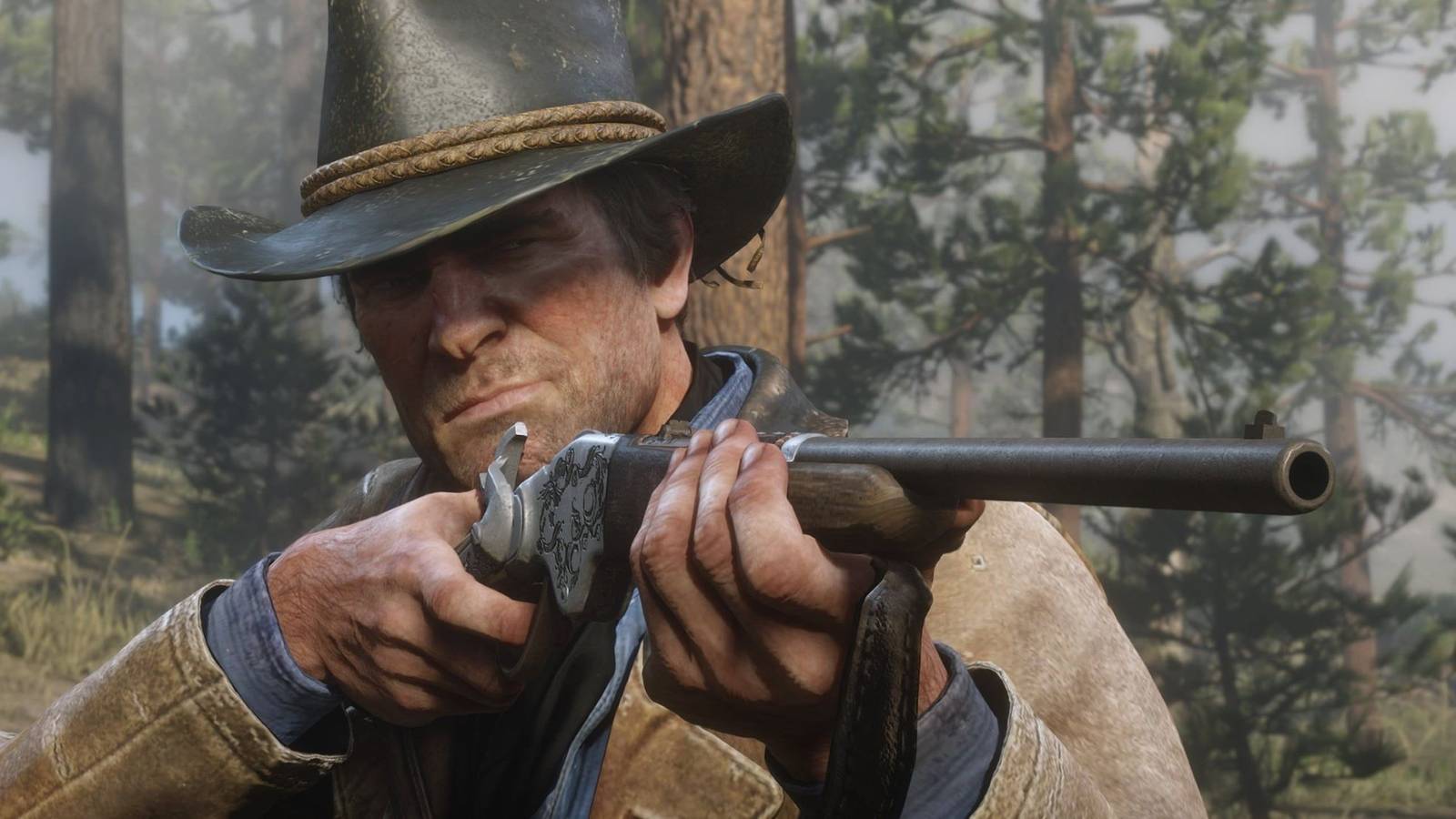 Arthur Morgan pointing a gun in Red Dead Redemption 2