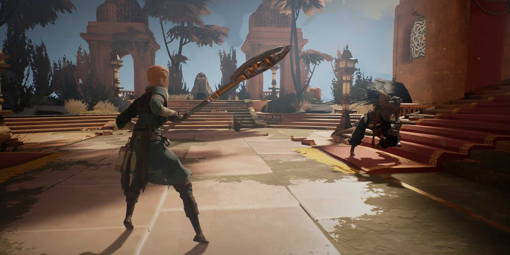 A melee battle in Ashen with the character holding a spear-like weapon.