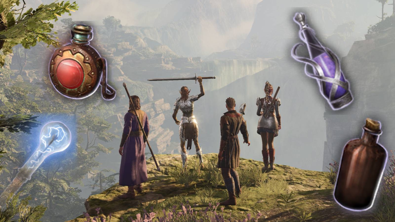 image of Baldur's Gate 3 characters at Trielta Crags and icons of useful combat items