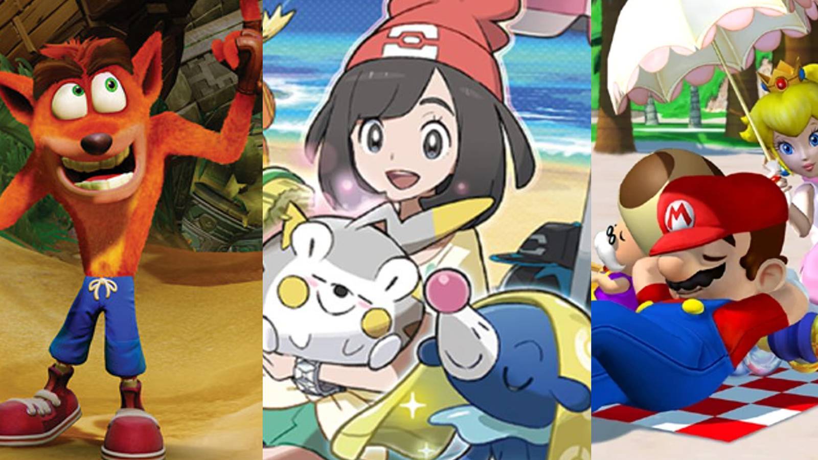 Crash Bandicoot on a beach; a female player with a Togedemaru and Popplio; Mario reclining with Peach and Toadsworth