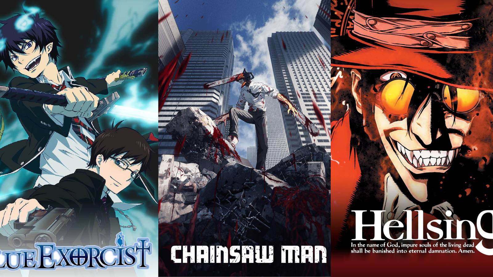 Best Anime Where The Hero Is A Monster split image, Blue Exorcist, Chainsaw Man, Hellsing