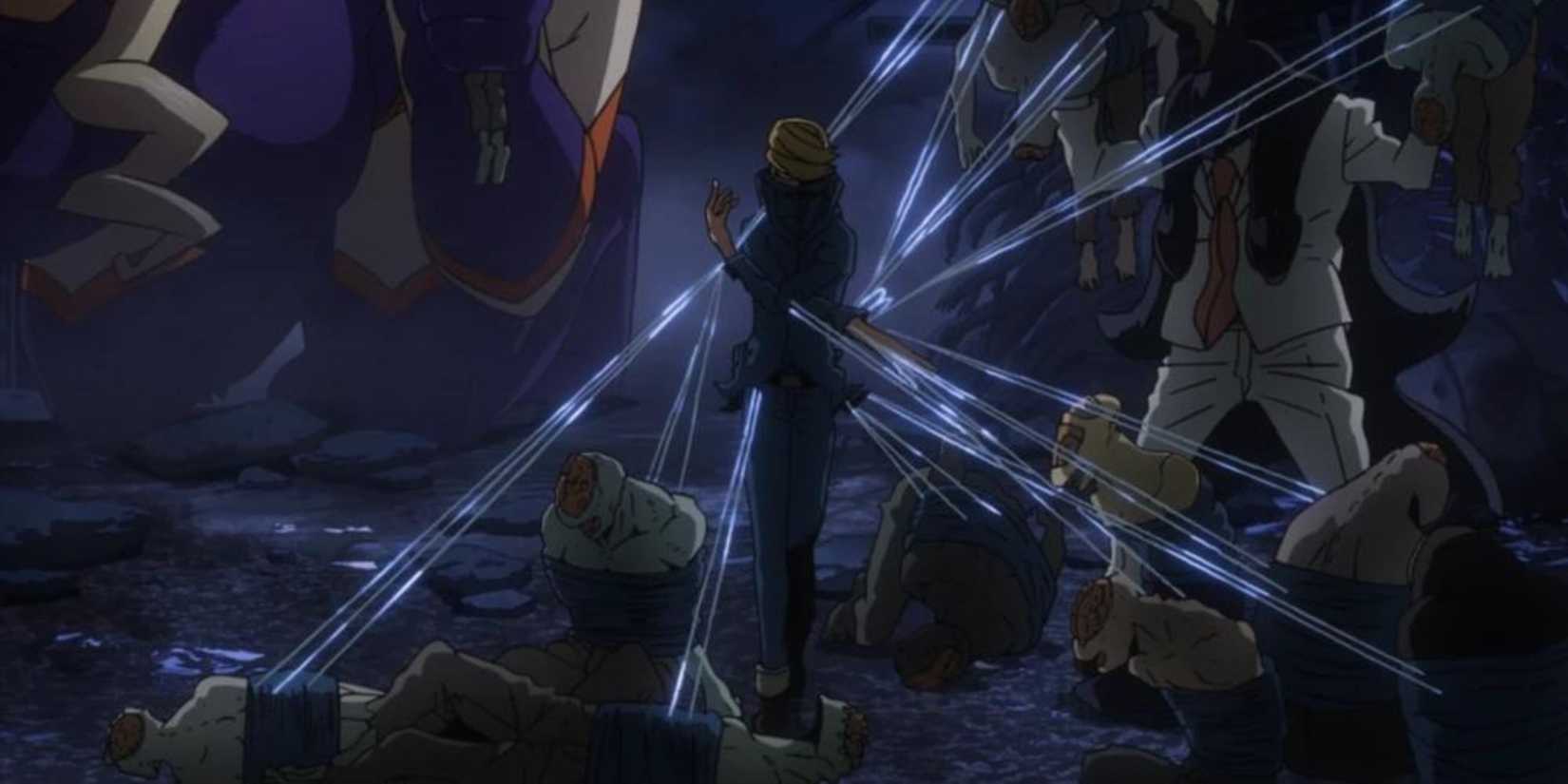 Best Jeanist restrains multiple Nomus with his Fiber Master quirk.