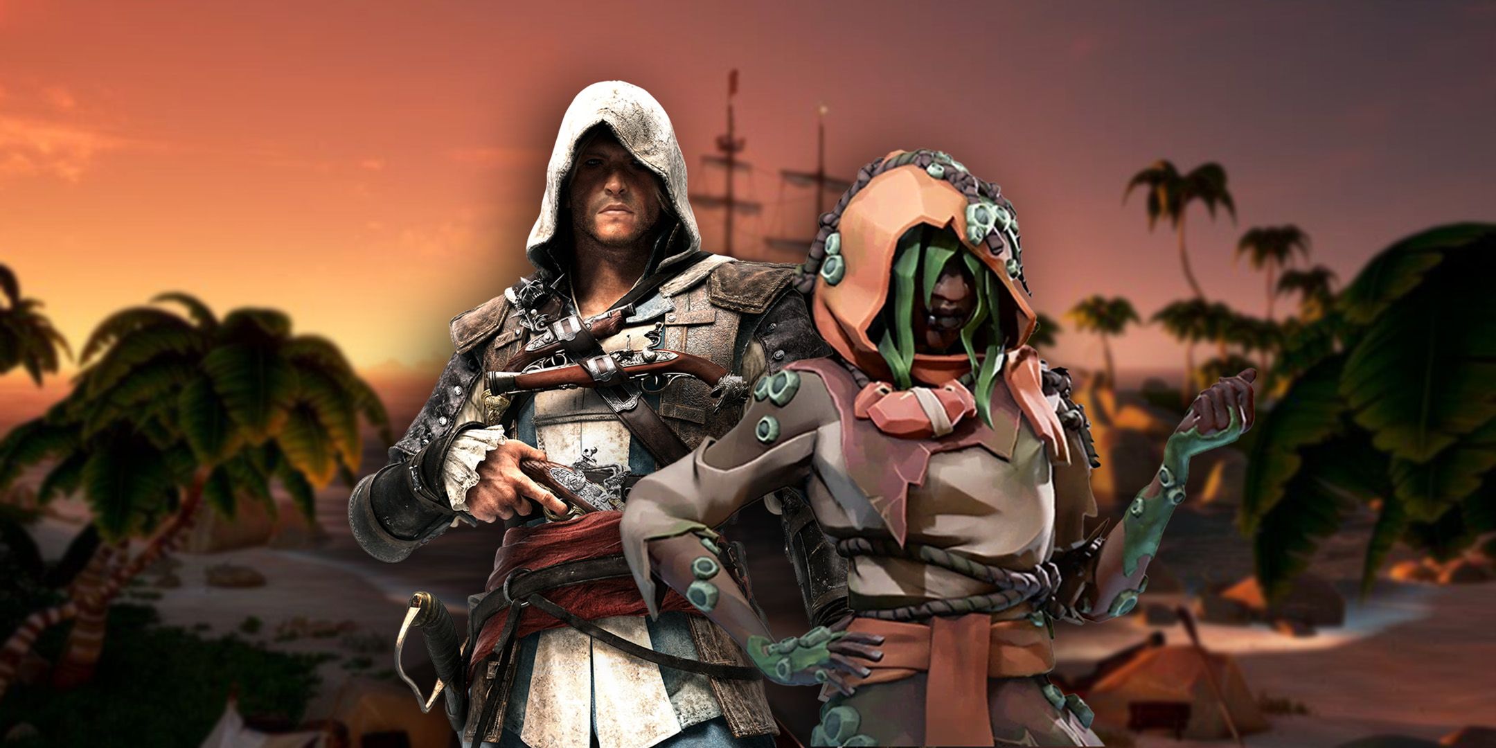 Edward Kenway and the castaway from sea of thieves in a harbor