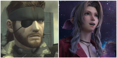 Split image of the characters Big Boss and Aerith from Metal Gear Solid 3 and Final Fantasy 7