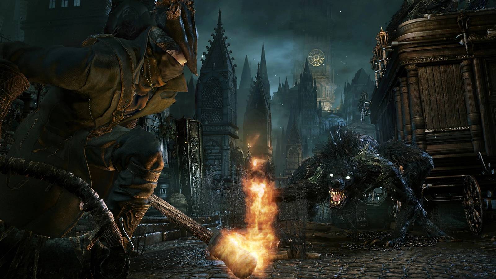 bloodborne the good hunter fighting a werewolf