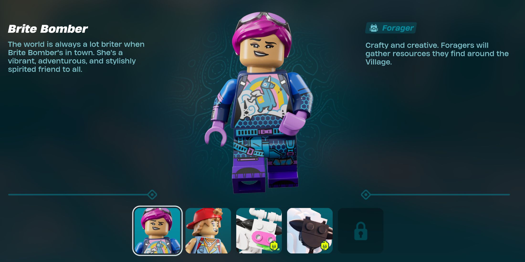 Screenshot showcasing Brite Bomber Resident Bio LEGO Fortnite 