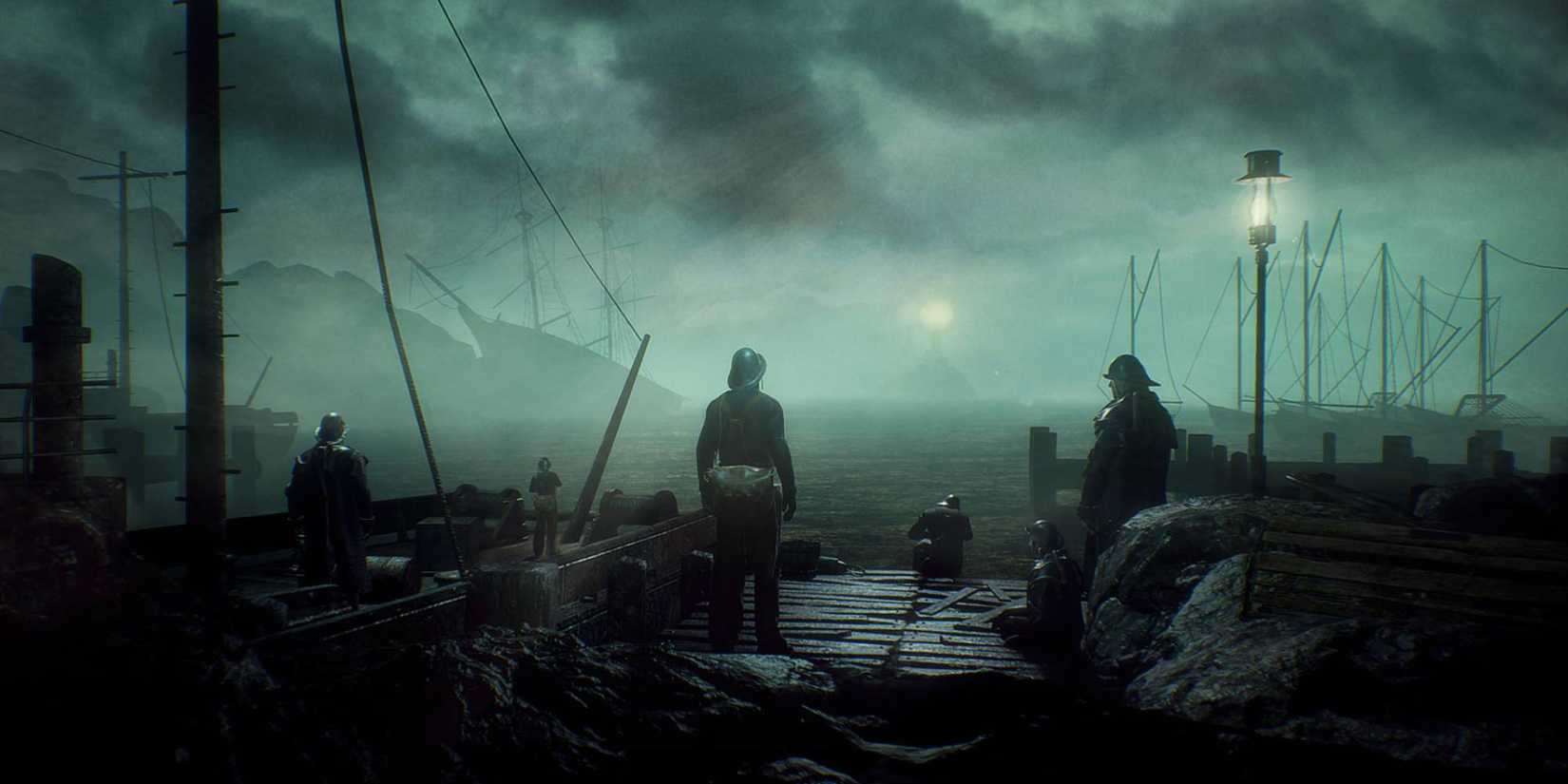 Call of Cthulhu 4 men standing at docks looking towards lighthouse