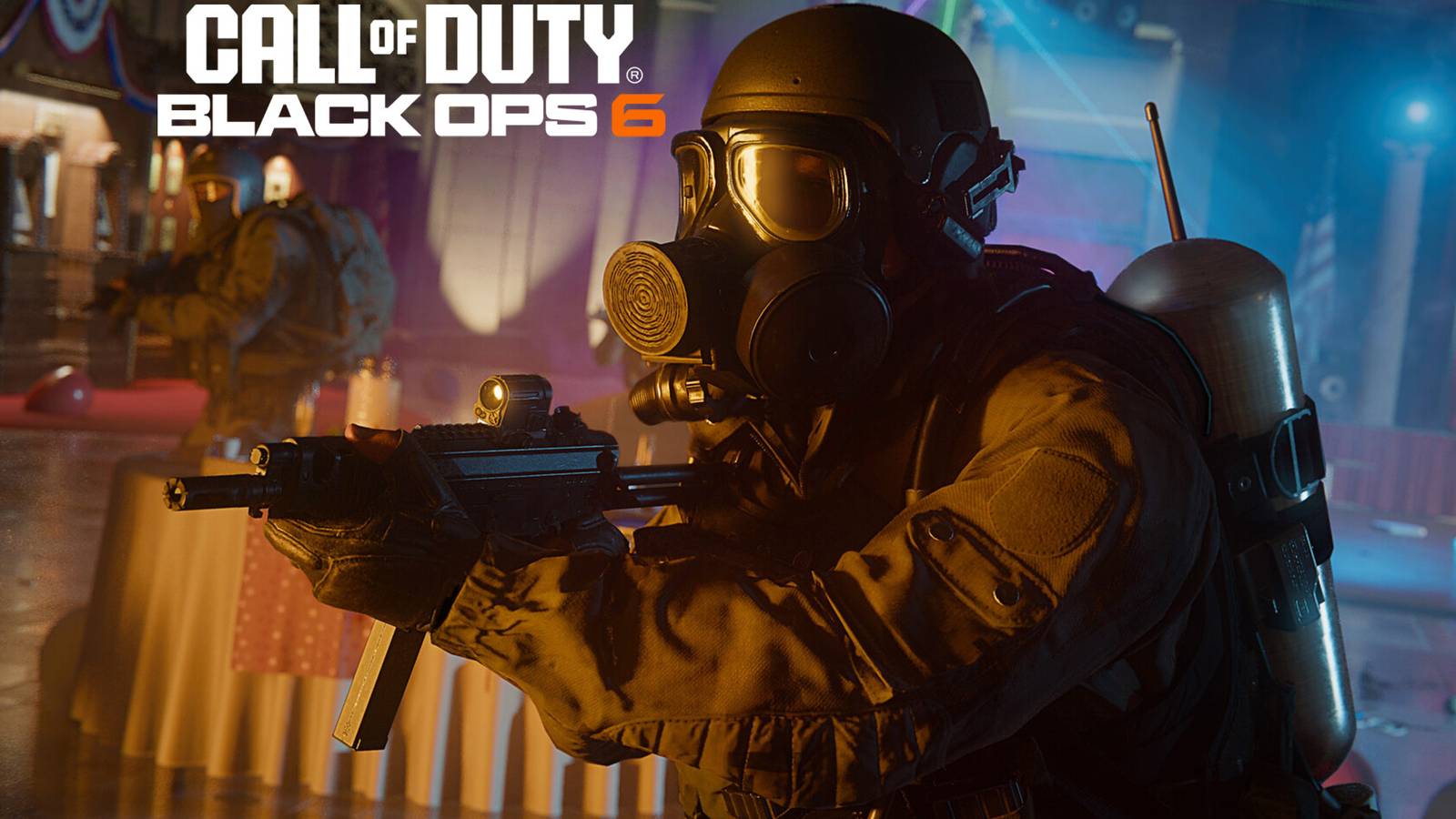 Call of Duty Black Ops 6 gas mask SMG promo screenshot with game logo