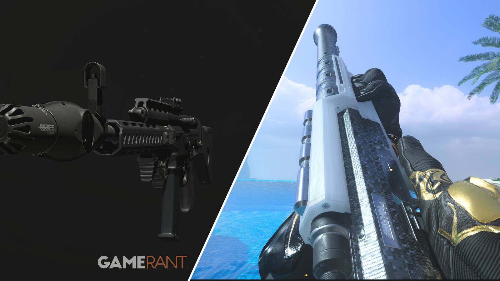 Split-image showcasing the STG with the Quartermaster Suppressor and the JAK Widemouth MORS in Modern Warfare 3 and Warzone