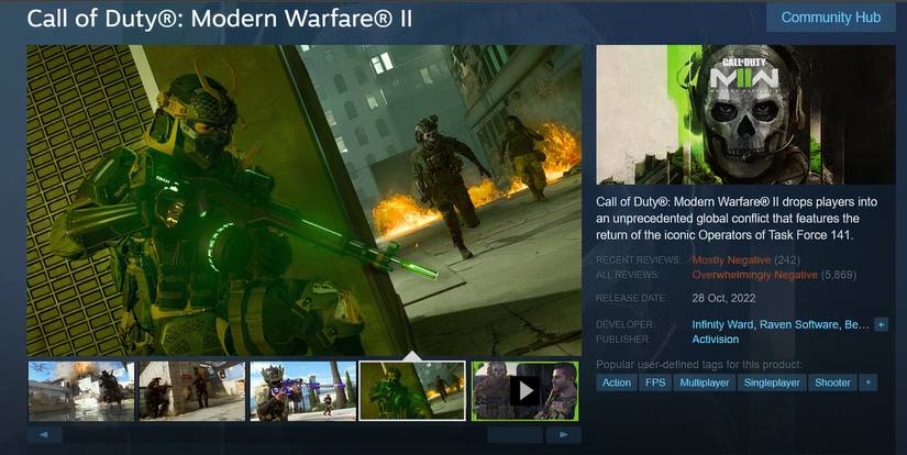 steam page of call of duty modern warfare 2 with overwhelmingly negative reviews