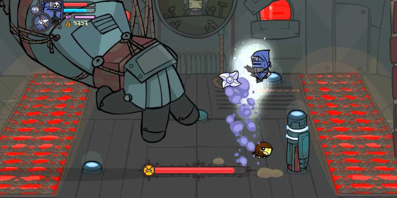 Ninja throwing shuriken at a robotic boss