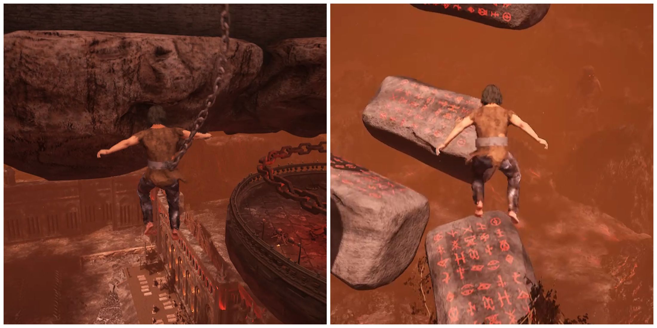 Split image of a character falling in multiplayer and a character in solo mode in Chained Together