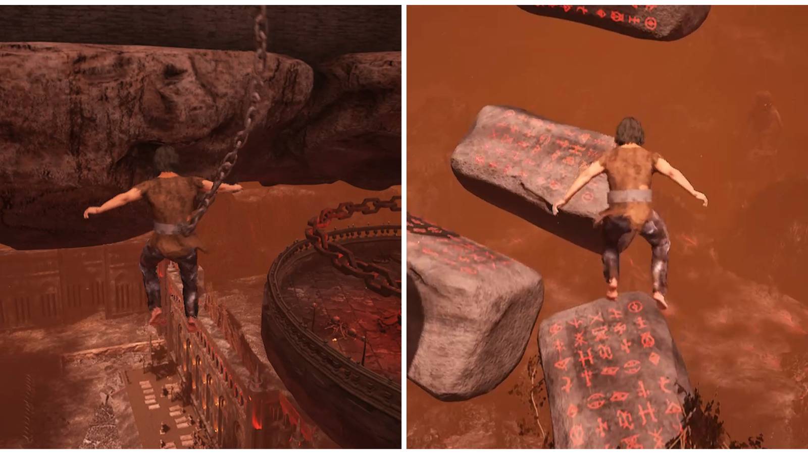 Split image of a character falling in multiplayer and a character in solo mode in Chained Together