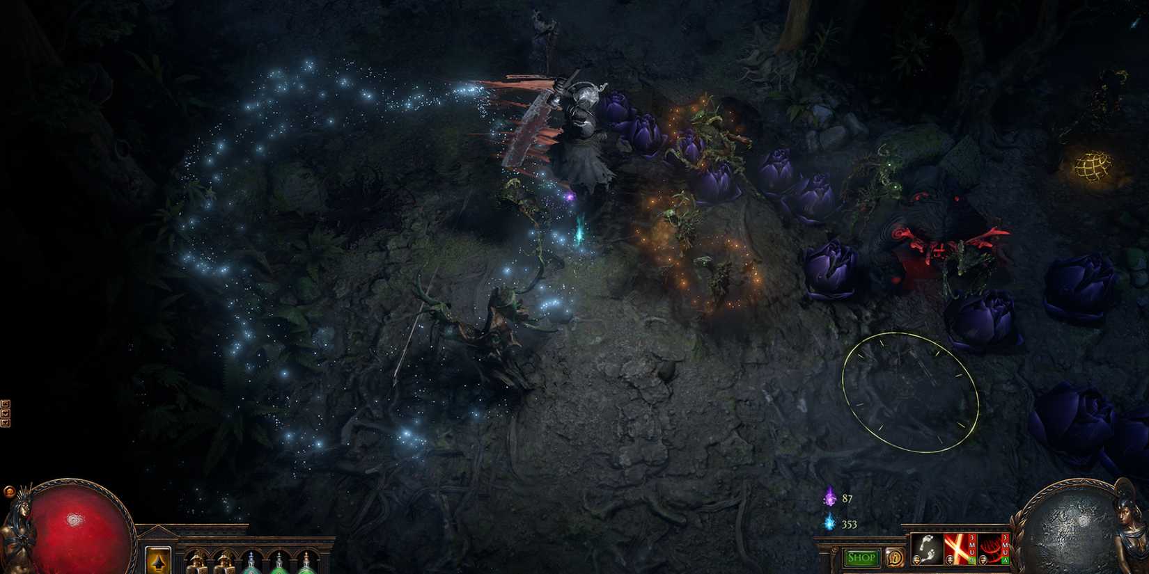 Character casting spells in a dark forest surrounded by glowing blue and red effects in Path of Exile