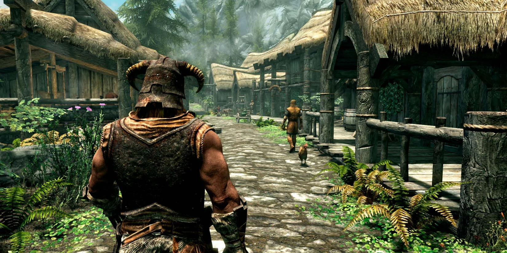 Character walking in a village in The Elder Scrolls V