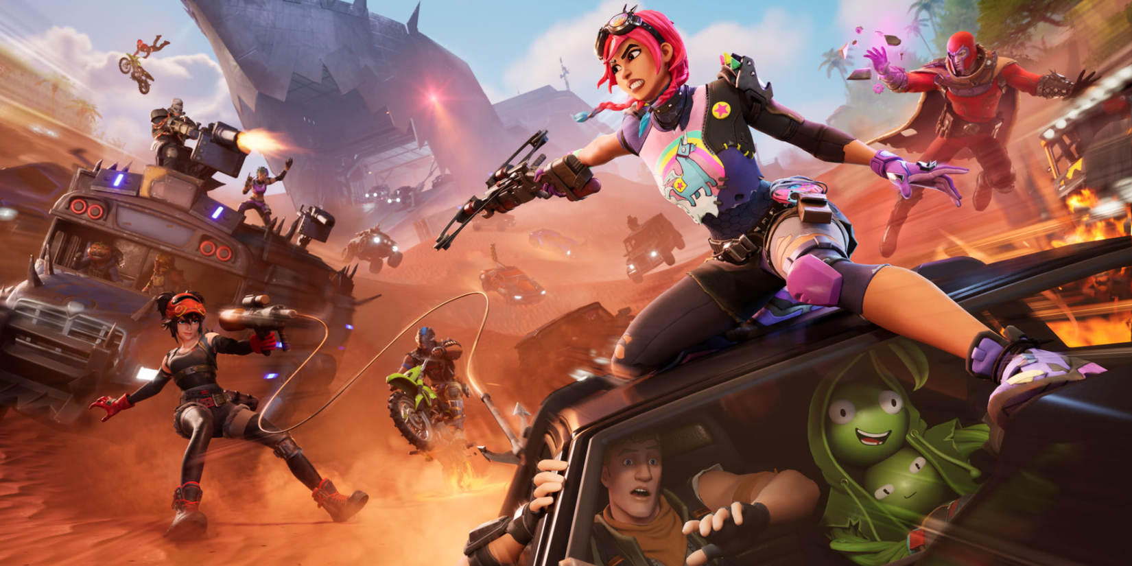 Characters facing off in a shootout in Fortnite