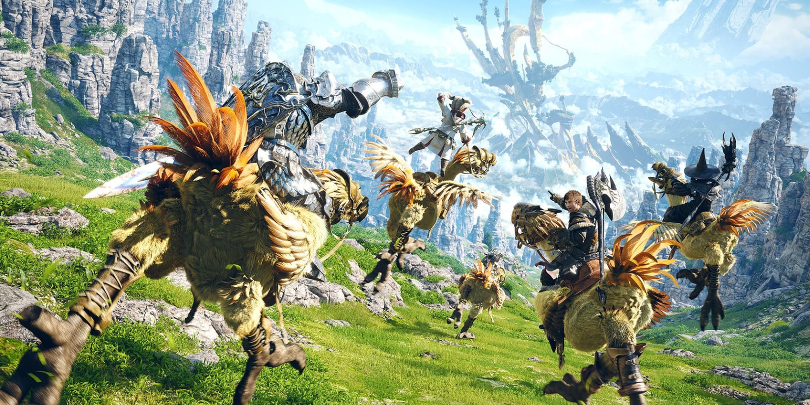 Characters riding Chocobos in Final Fantasy XIV