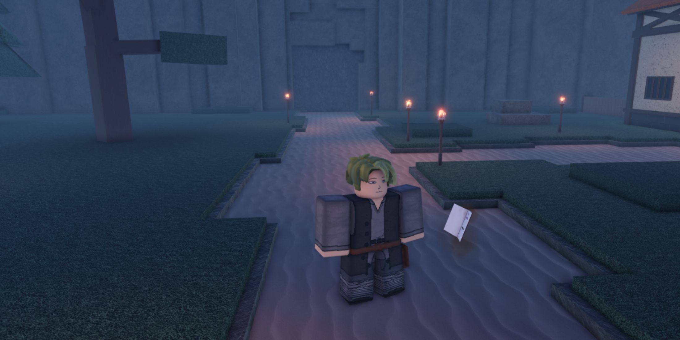 A Roblox character standing on a footpath in Clover Retribution