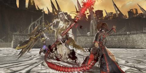 The player character fighting a boss in Code Vein.