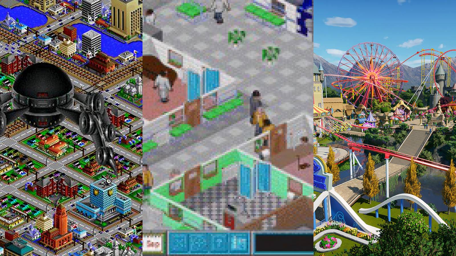 SimCity 2000 (left), Theme Hospital (middle), and Planet Coaster (right)