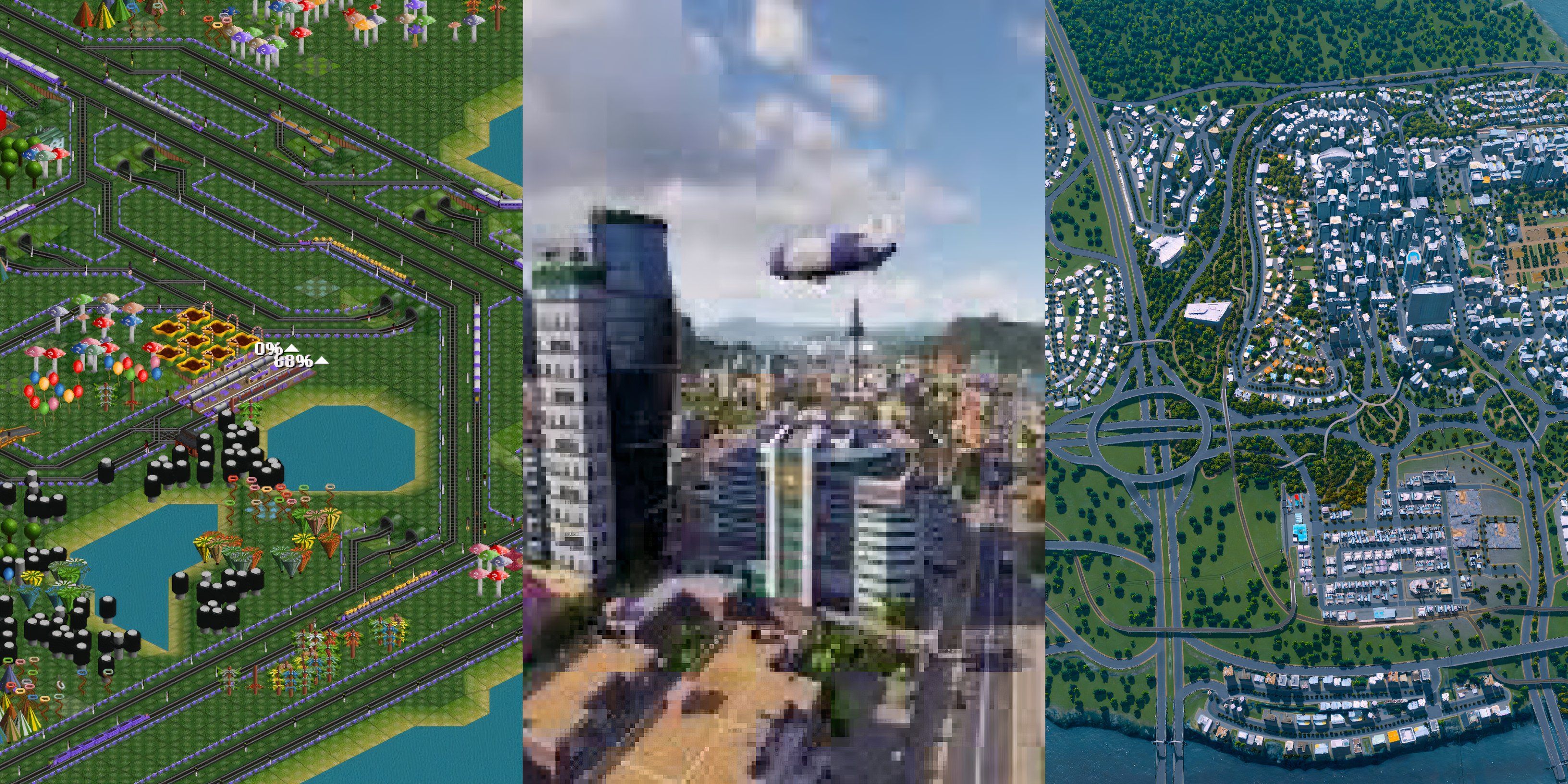 Transport Tycoon (left), Tropico 6 (middle), and Cities: Skylines (right)