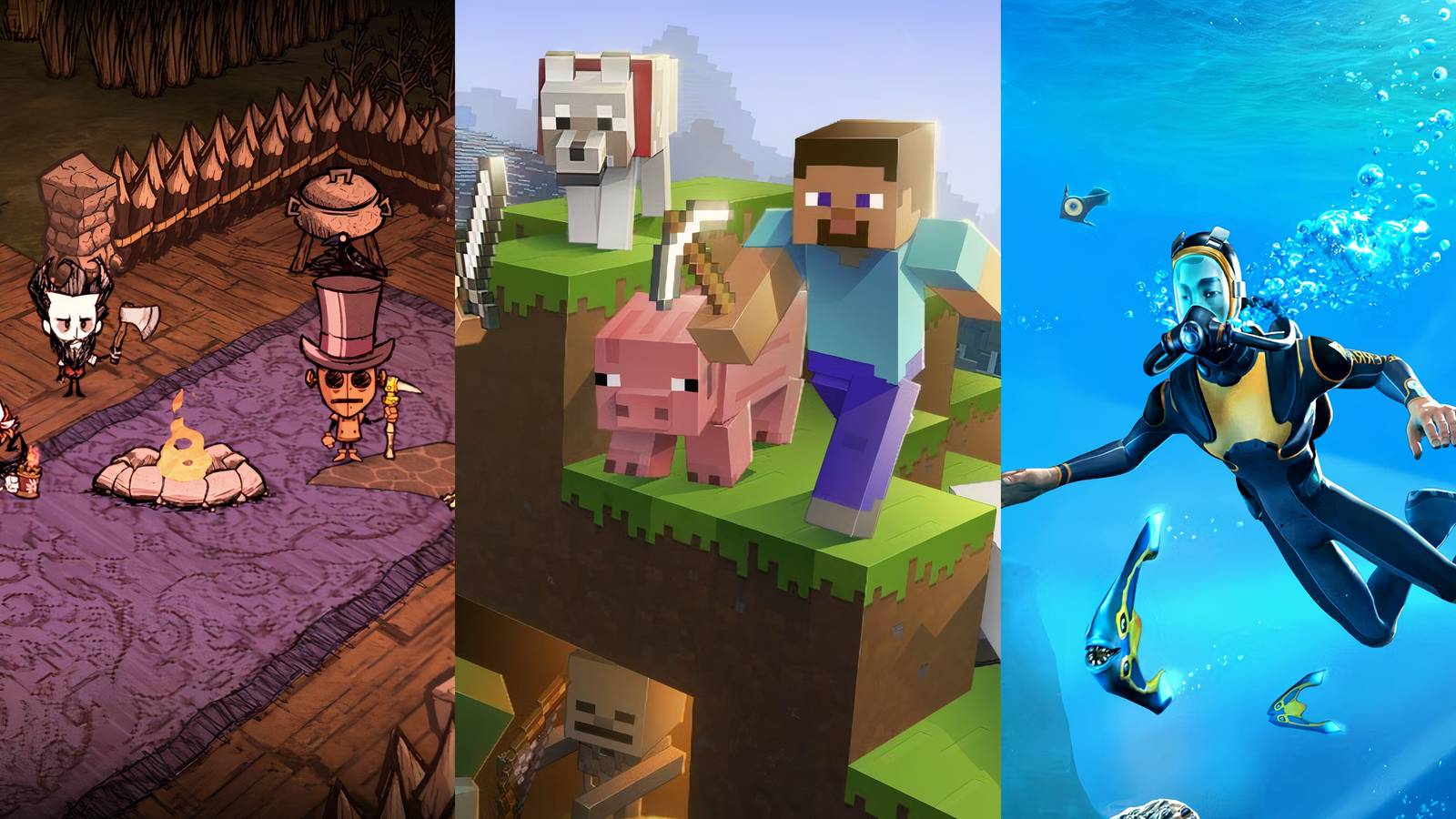 Don't Starve (left), Minecraft (middle), and Subnautical (right)