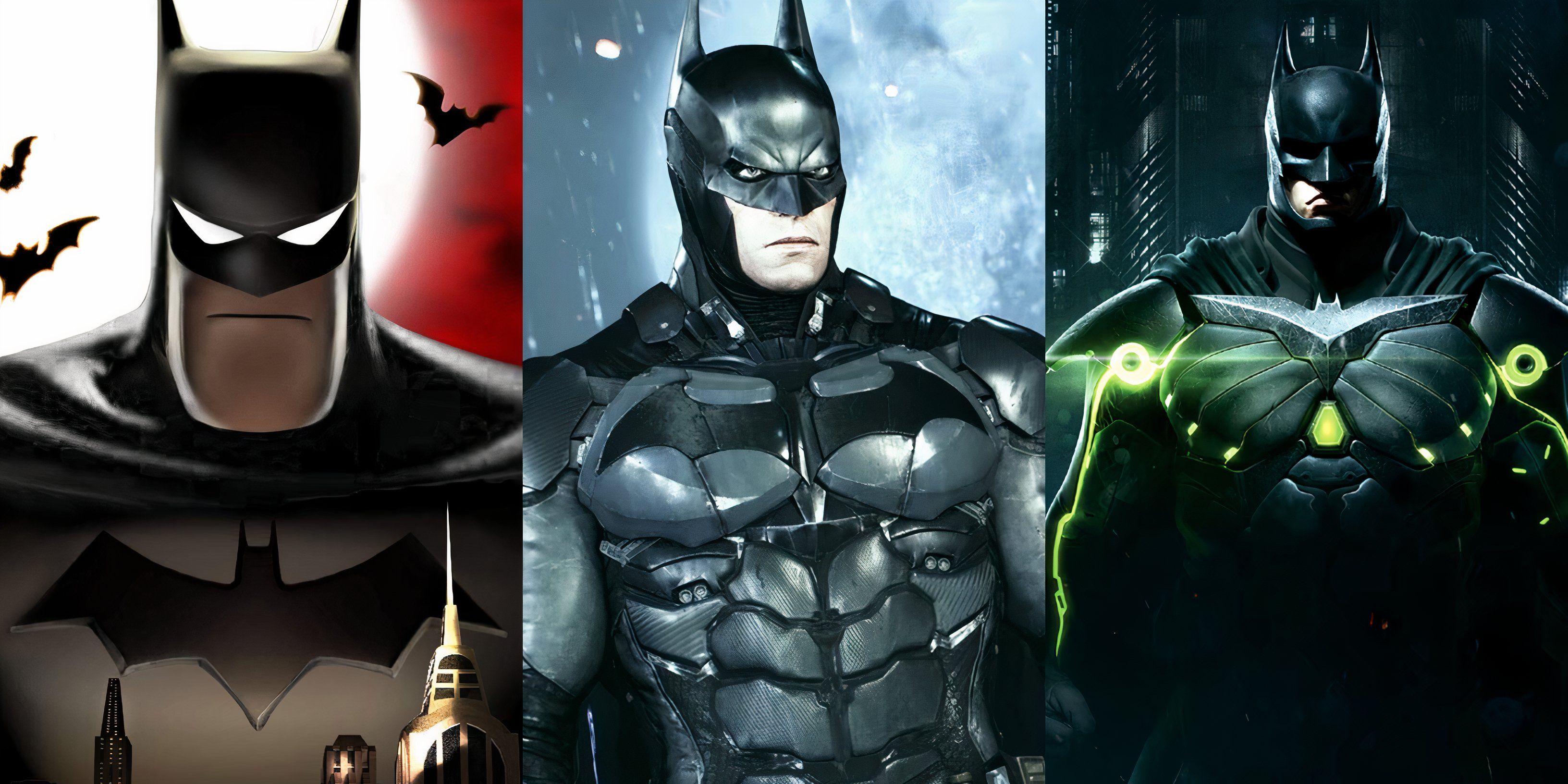 Batman: Vengeance (left), Batman: Arkham Knight (middle), and Batman in Injustice 2 (right)