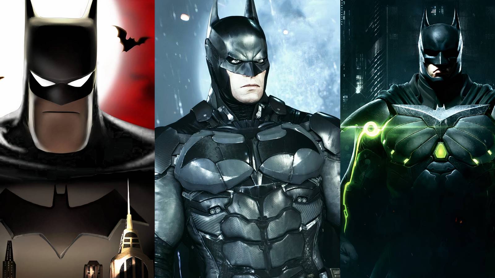 Batman: Vengeance (left), Batman: Arkham Knight (middle), and Batman in Injustice 2 (right)