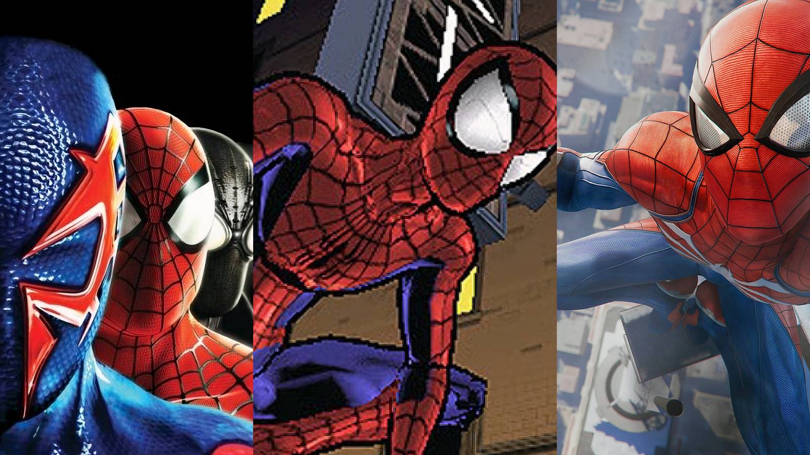 Shattered Dimensions (left), Ultimate Spider-Man (middle), Marvel's Spider-Man (right)