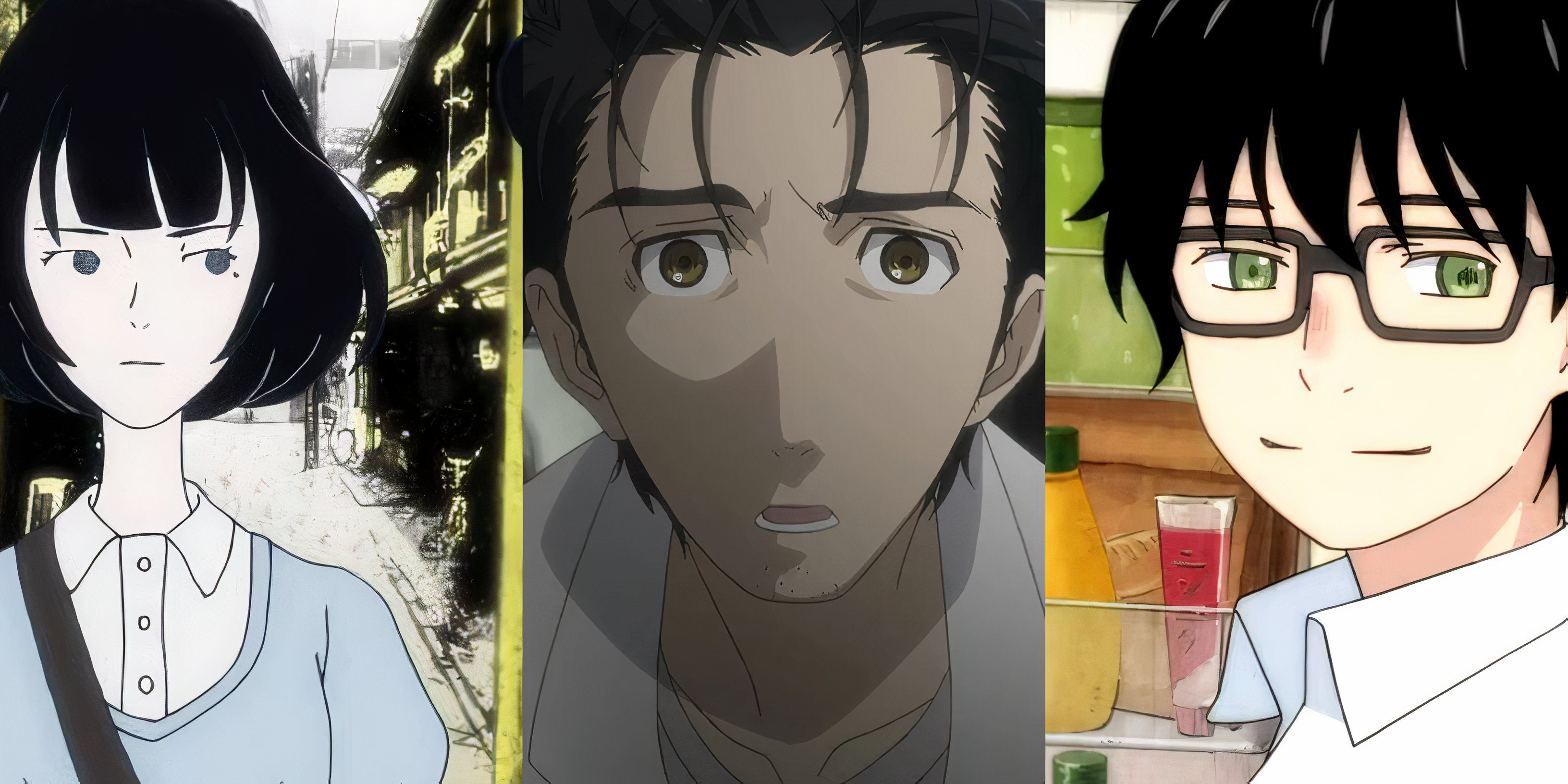 The Tatami Galaxy (left), Steins;Gate (center), and Marching In like a Lion (right)