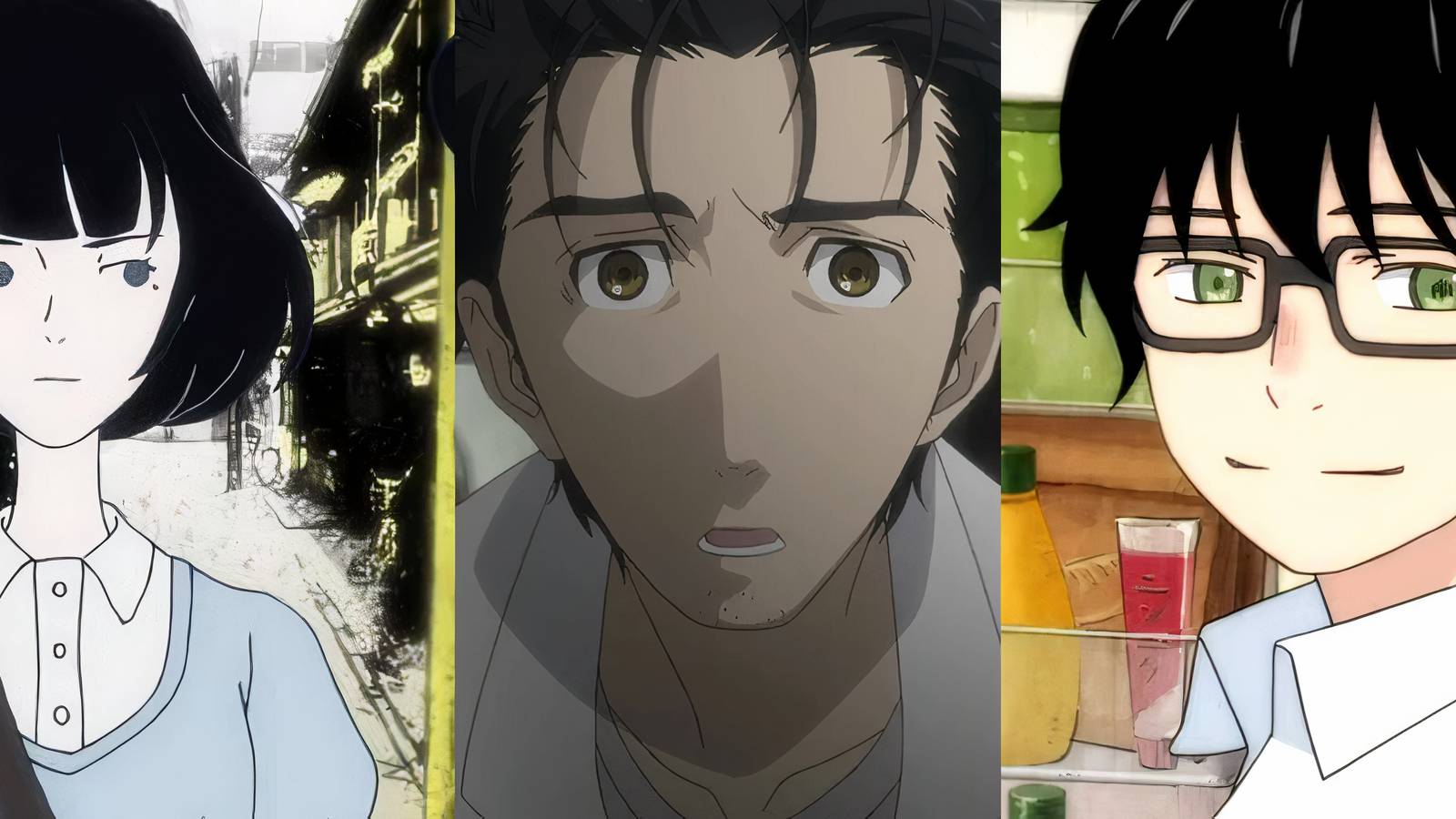 The Tatami Galaxy (left), Steins;Gate (middle), and March Comes In Like A Lion (right)