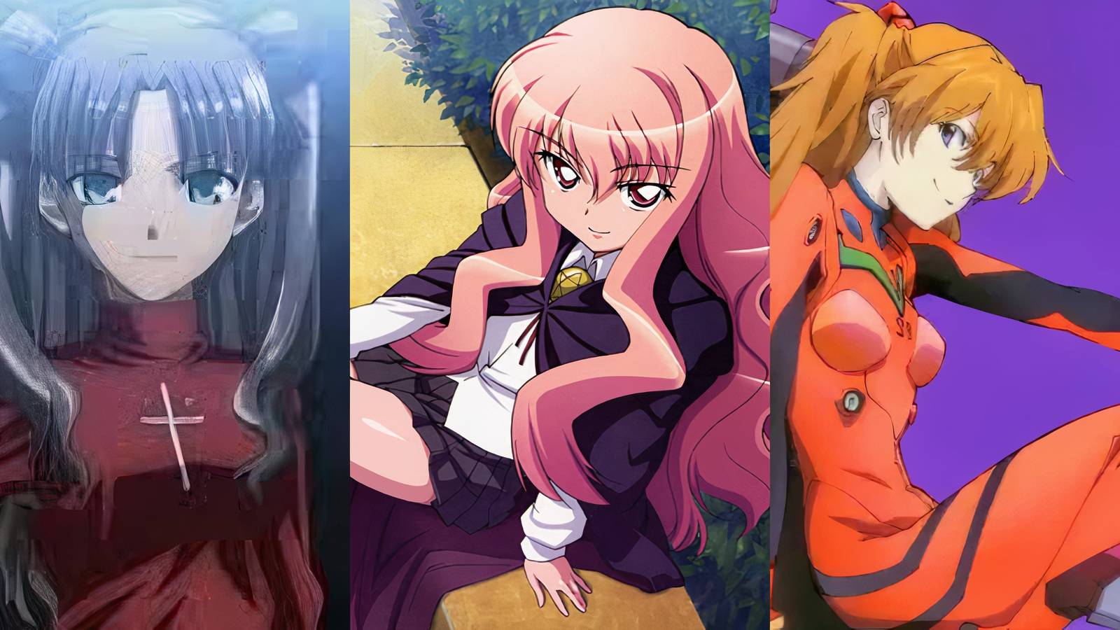Rin Tohsaka in Fate/Stay Night (left), Louise de la Vallière in Familiar the Zero (middle), and Asula Langley Soryu in Neon Genesis Evangelion (right)