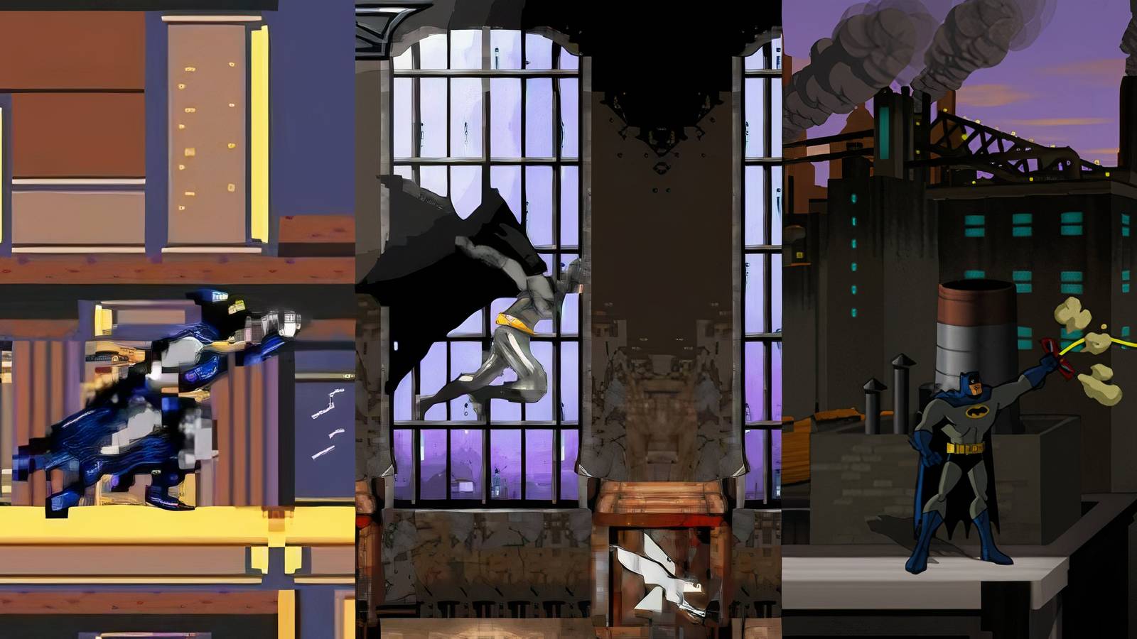 The Adventures of Batman and Robin (left), Batman Begins (middle), Batman: The Brave and The Bold (right)