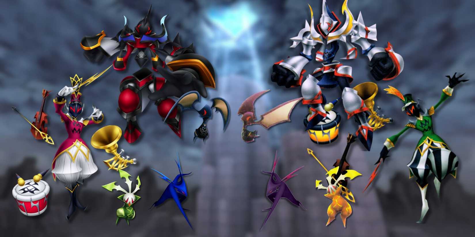 Comparison between the color schemes of 5 different Unversed in BBS and BBSFM, Flood, Axe Flapper, Mandrake, Symphony Master and Trinity Armor.