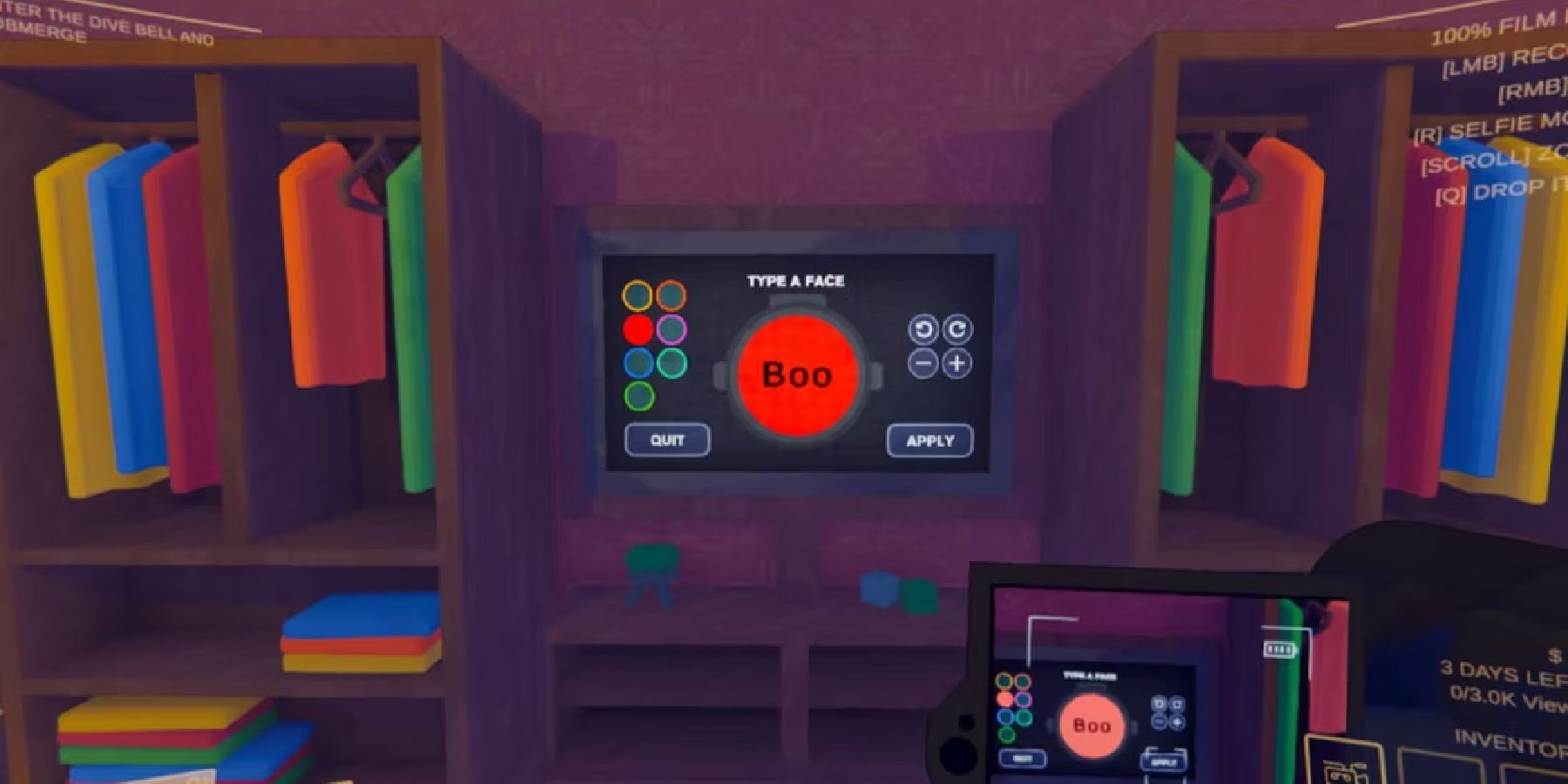 Content Warning custom face screen, red circle bearing the word Boo