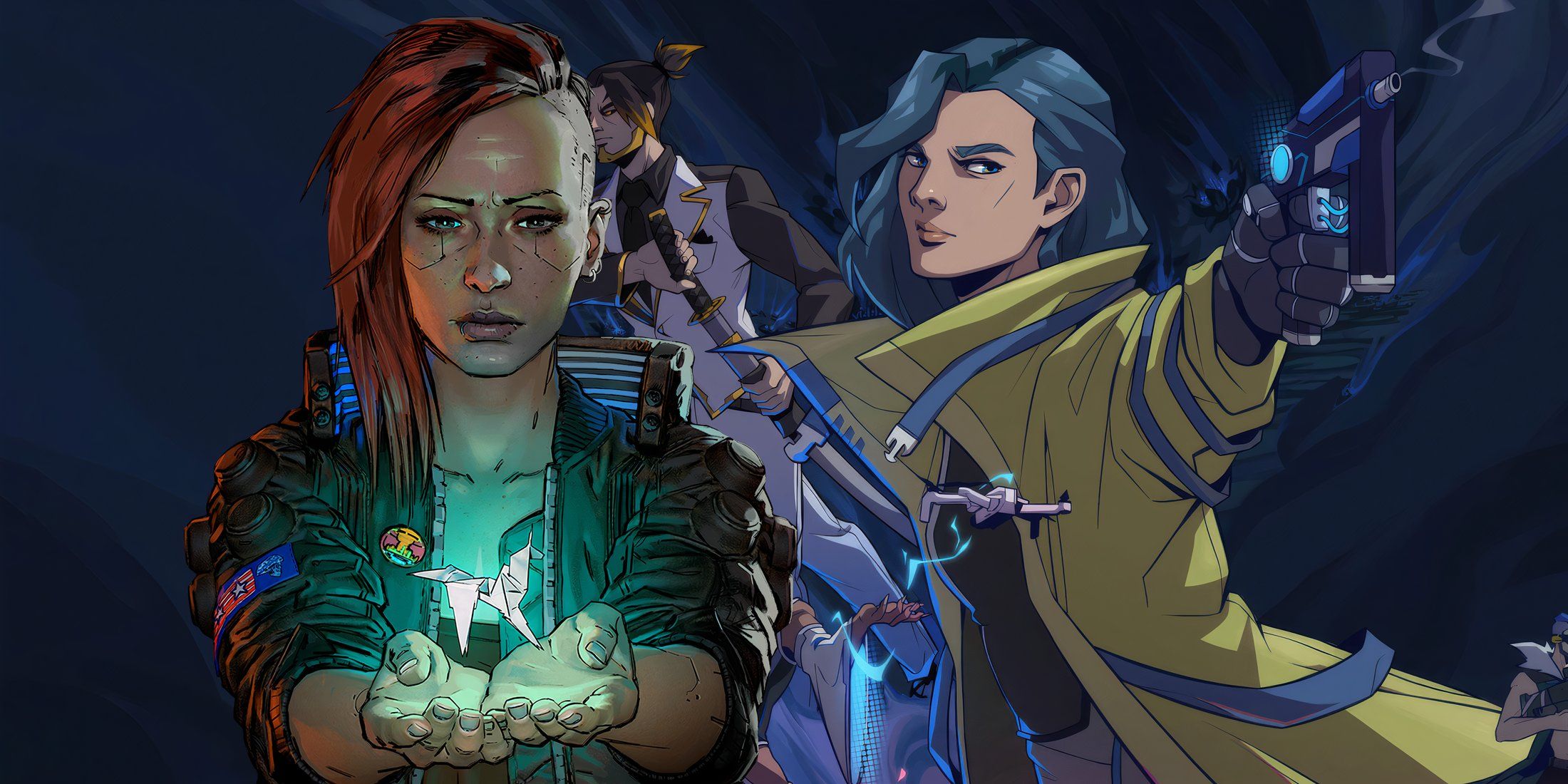 A collage of characters from Cyberpunk 2077 and Shell Runner