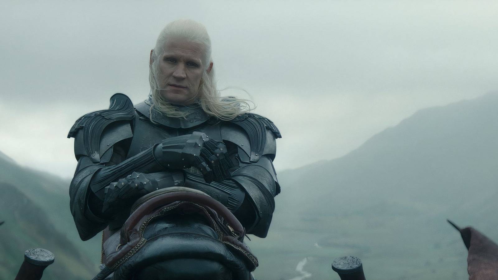 Daemon Targaryen riding his dragon in House of the Dragon