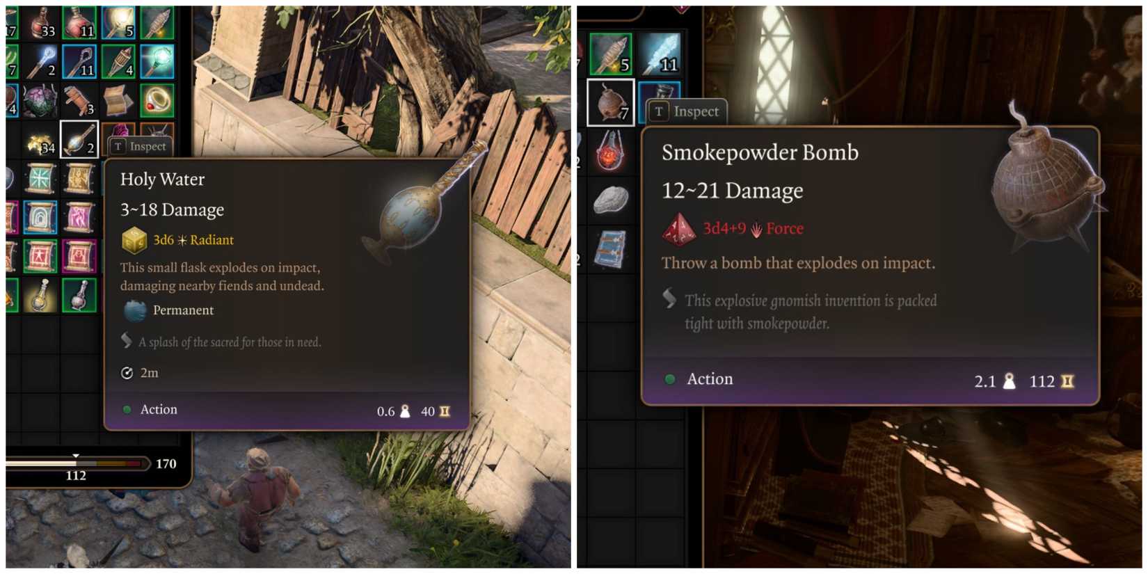 image of the Holy Water and Smokepowder Bomb items in Baldur's Gate 3