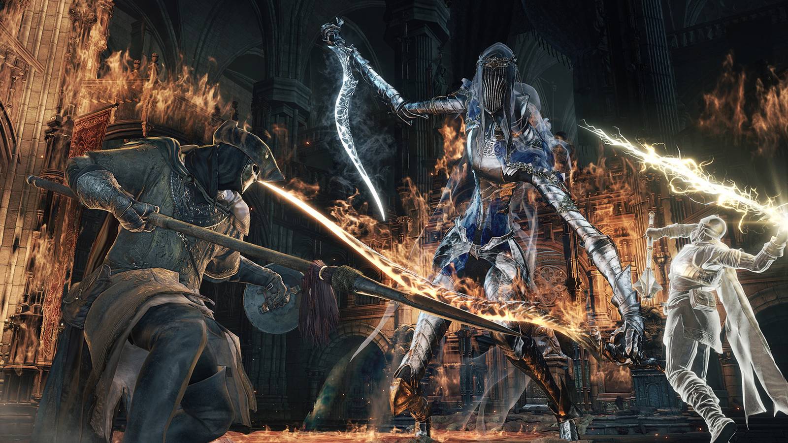 Two Dark Souls 3 players fight the Dancer of the Boreal Valley