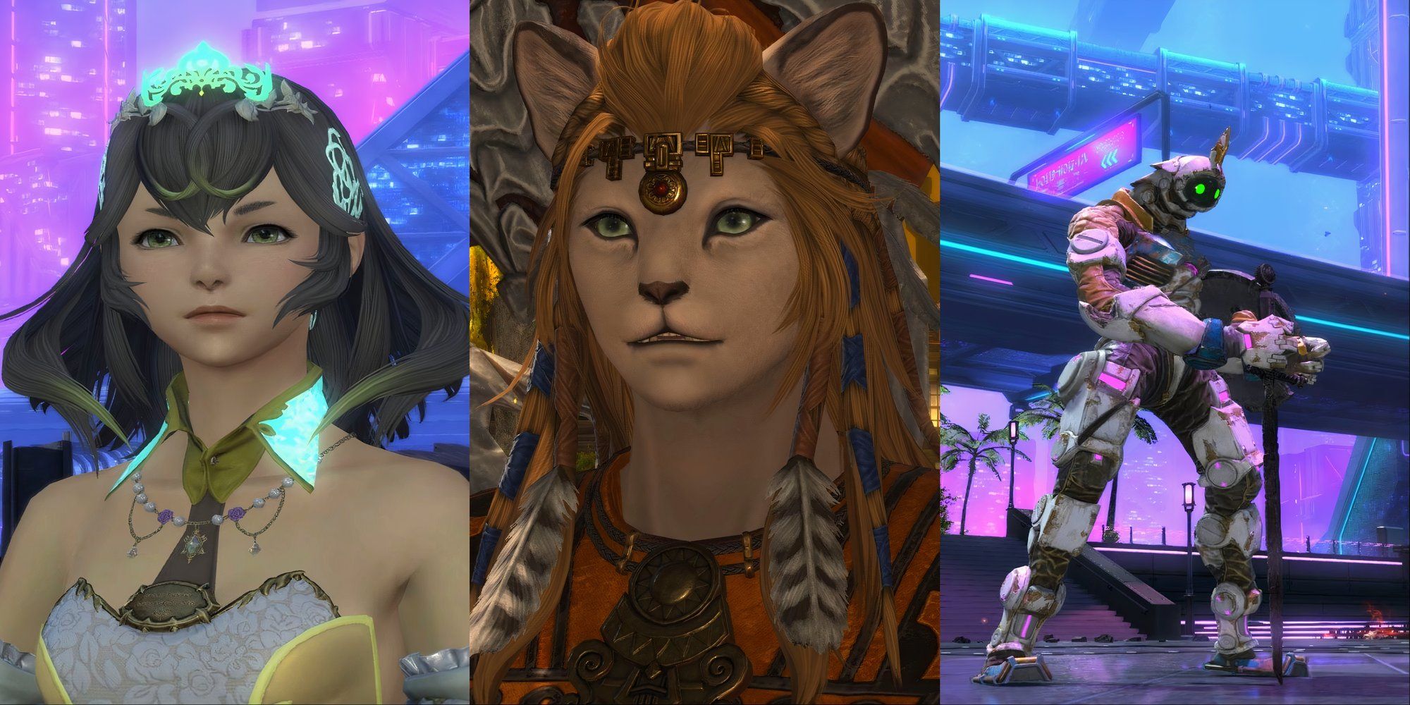 Dawntrail's Sphene in Solution Nine, Wuk Lamat in Living Memory, and Otis protecting Queen Sphene in Final Fantasy 14