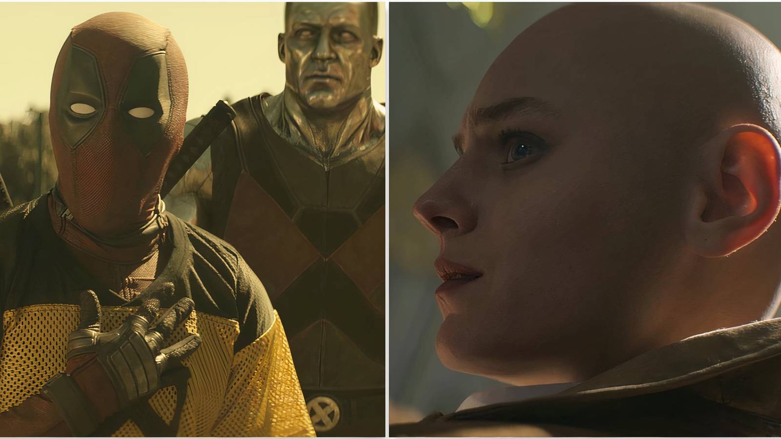 Deadpool and Colossus in Deadpool 2 and Cassandra Nova sitting in Deadpool & Wolverine