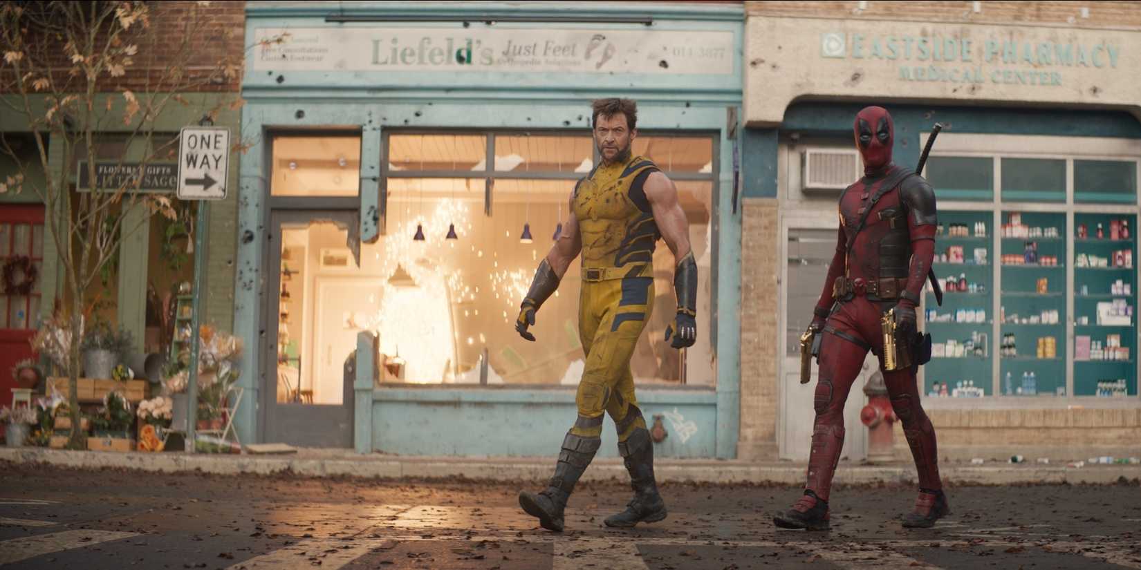 Deadpool & Wolverine Deadpool with Wolverine in front of stores Cropped