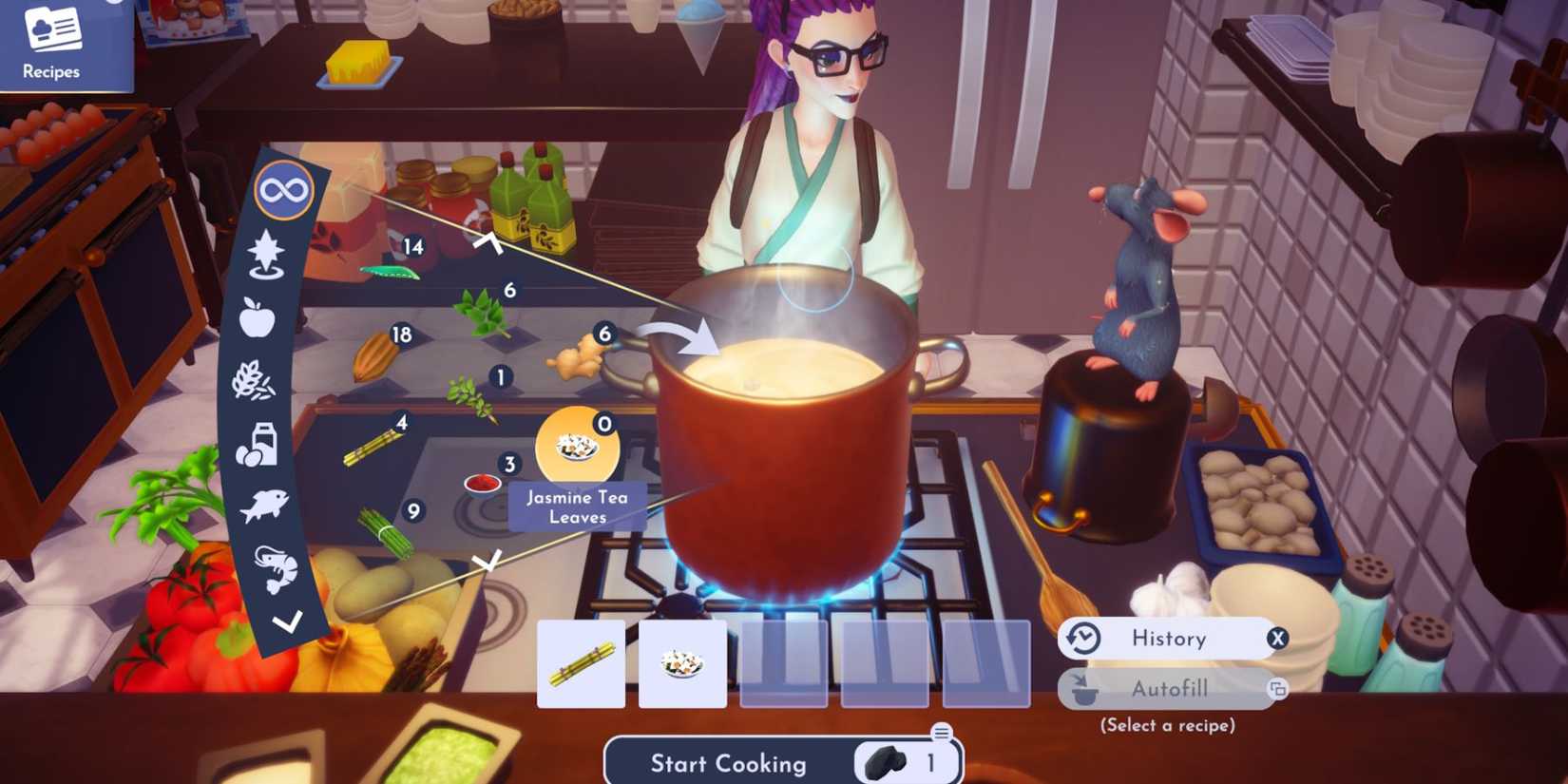 Disney dreamlight valley adding jasmine tea ingredients to the cooking pot