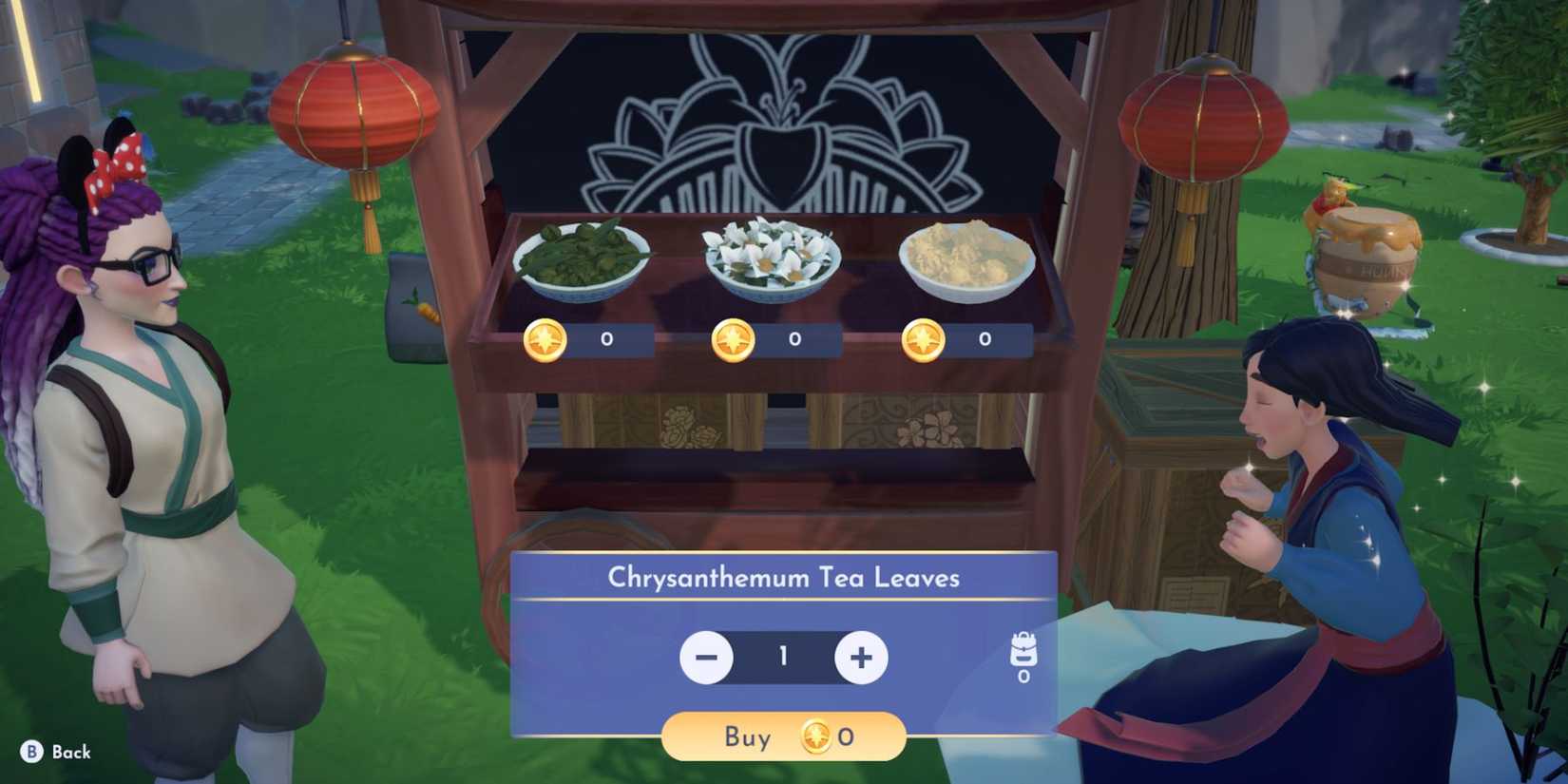 Disney Dreamlight Valley buying Chrysanthemum Tea leaves from mulan's tea stall