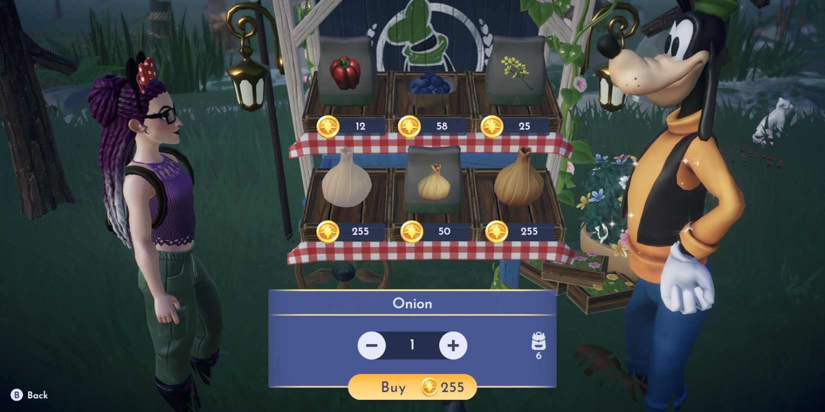 disney dreamlight valley buying onions from goofy's stall in the forest of valor