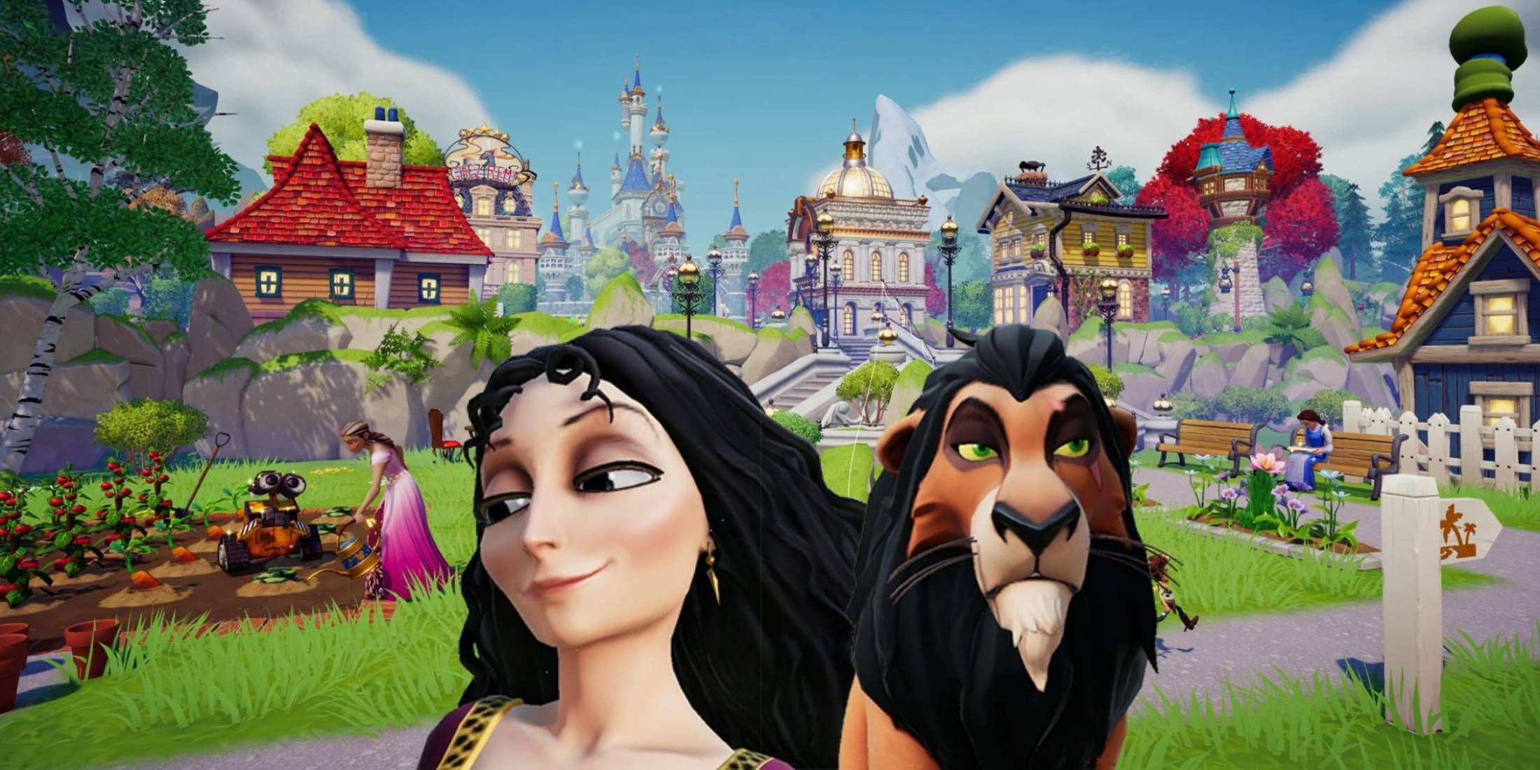 Mother Gothel and Scar on promotional art for Disney Dreamlight Valley