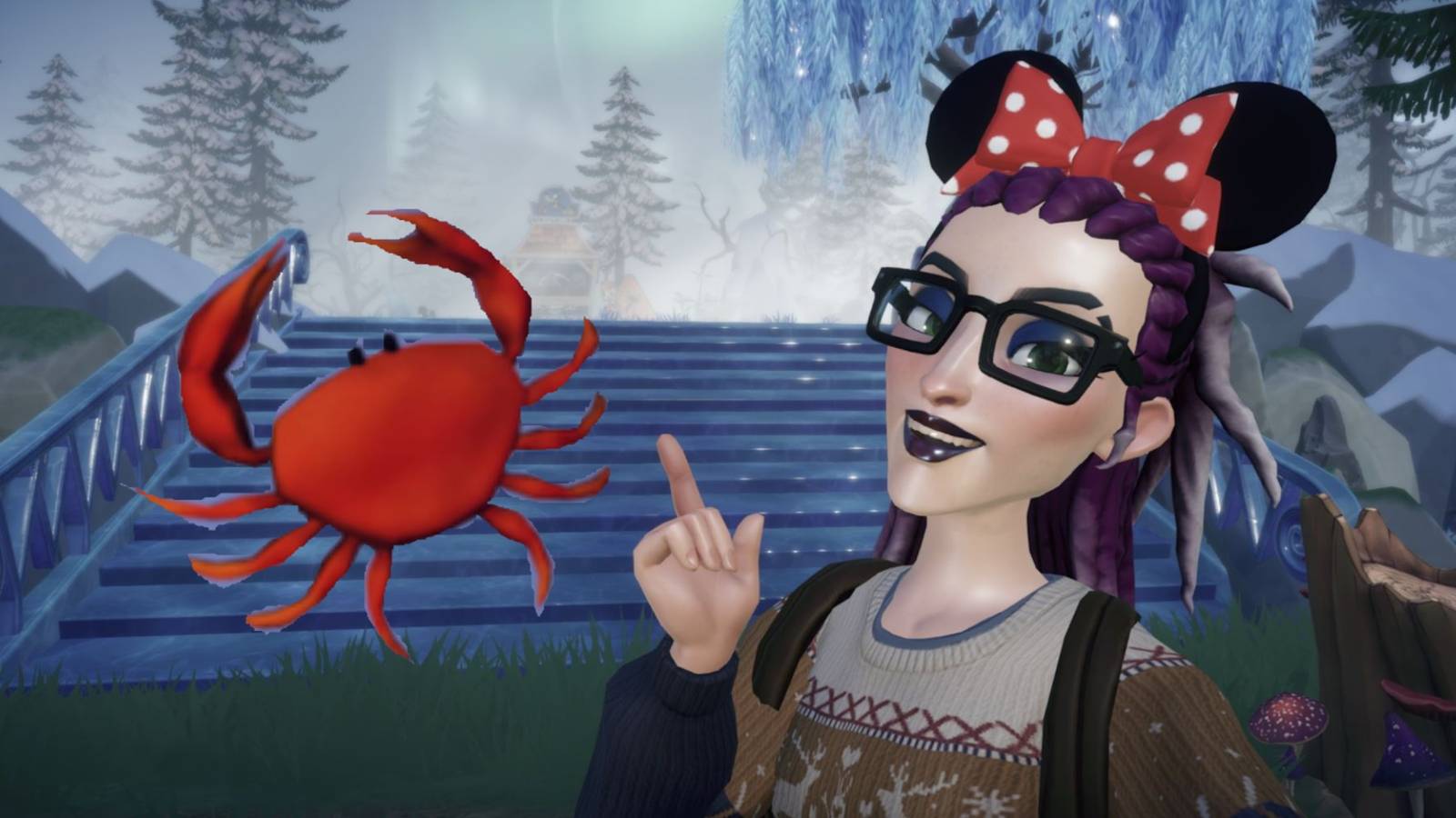 Posing next to a crab in Disney Dreamlight Valley