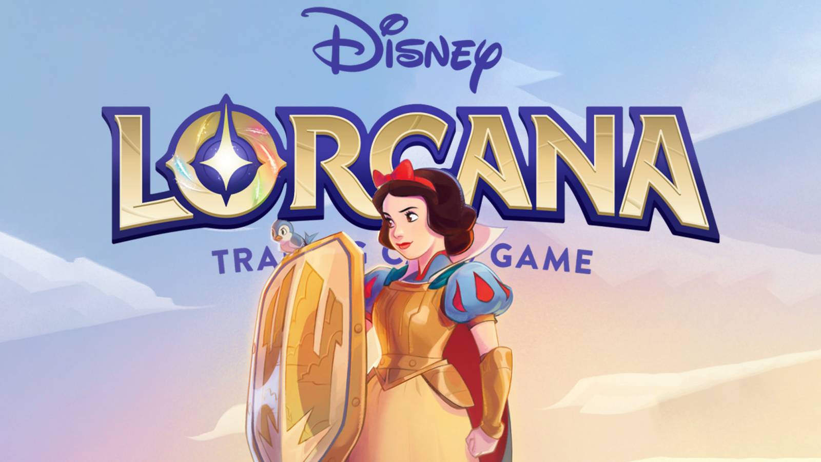 Disney Lorcana Logo behind Shimmering Skies Snow White artwork 2x1 composite