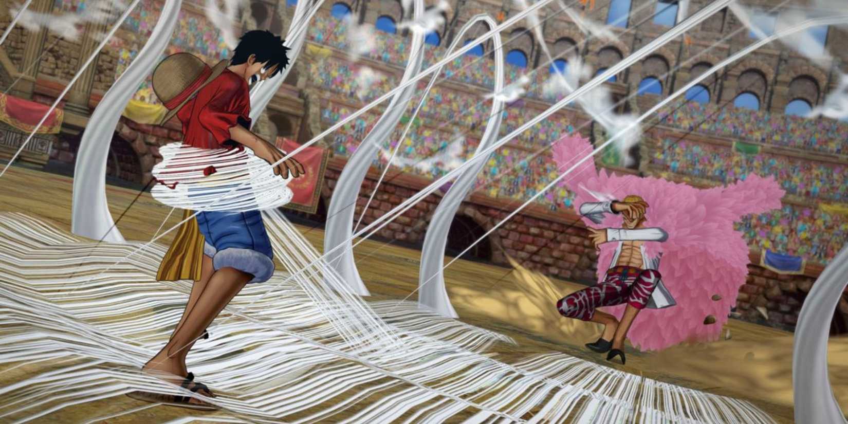 Doflamingo traps Luffy with his strings, in the Corrida Colosseum stage.