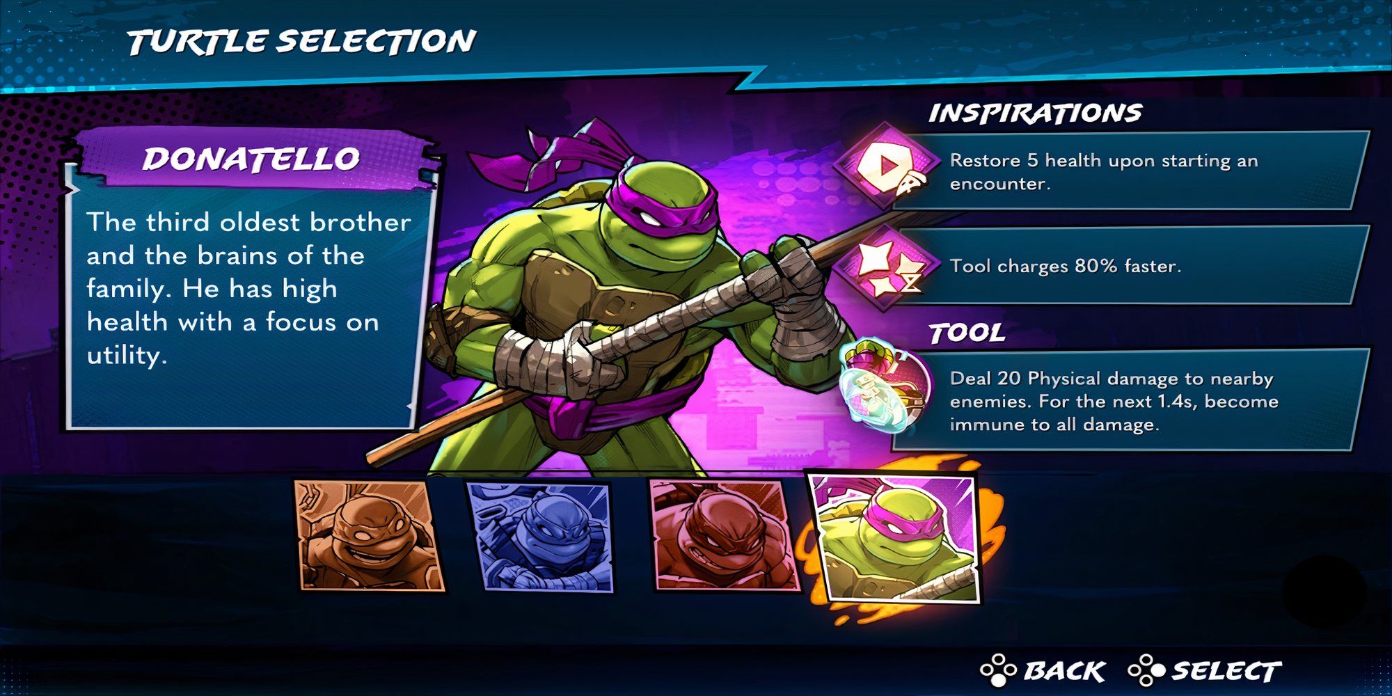 Donatello selection screen in Teenage Mutant Ninja Turtles Splintered Fate